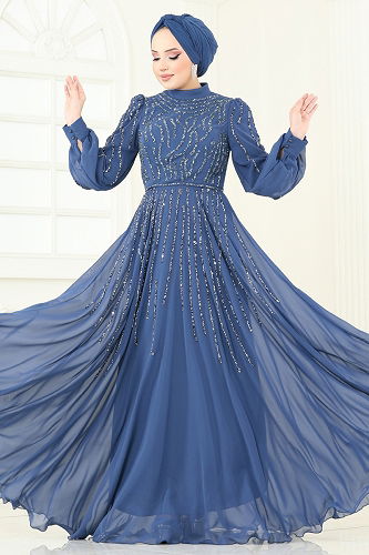 moda selvim SUAL Taş Detaylı Abiye 4992D170 Mavi - Thumbnail