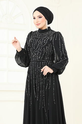 moda selvim SUAL Taş Detaylı Abiye 4992D170 Siyah - Thumbnail