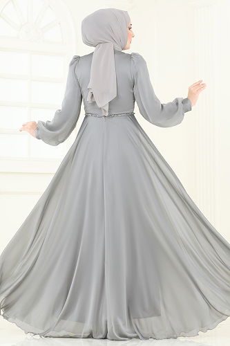 moda selvim SUAL Taş Detaylı Janjan Abiye 4953D170 Gri - Thumbnail