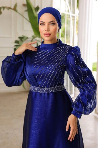 moda selvim SUAL Taş Detaylı Organze Tül Abiye 5192PCT865 Laci - Thumbnail