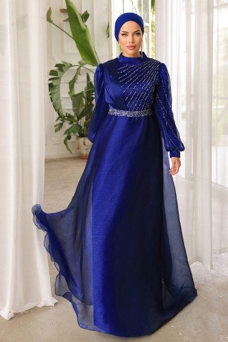 moda selvim SUAL Taş Detaylı Organze Tül Abiye 5192PCT865 Laci - Thumbnail
