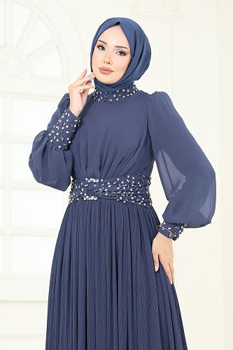 moda selvim SUAL Taş Detaylı Piliseli Abiye 4924SRH861 İndigo - Thumbnail