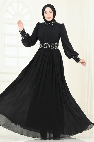 moda selvim SUAL Taş Detaylı Piliseli Abiye 4924SRH861 Siyah - Thumbnail