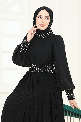 moda selvim SUAL Taş Detaylı Piliseli Abiye 4924SRH861 Siyah - Thumbnail