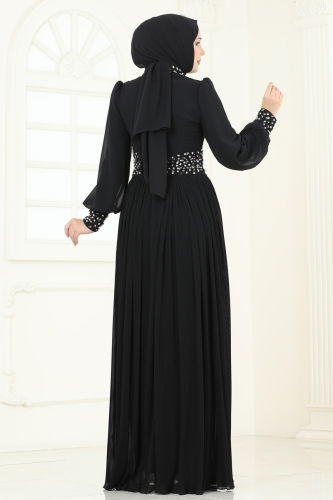 moda selvim SUAL Taş Detaylı Piliseli Abiye 4924SRH861 Siyah - Thumbnail