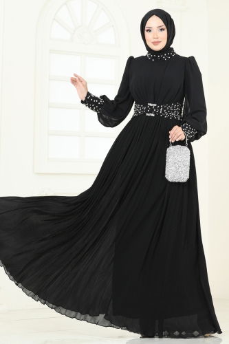 moda selvim SUAL Taş Detaylı Piliseli Abiye 4924SRH861 Siyah - Thumbnail