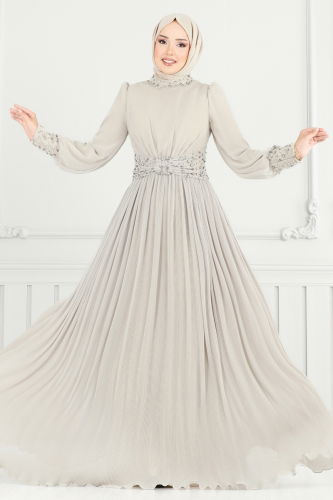 moda selvim SUAL Taş Detaylı Piliseli Abiye 4924SRH861 Taş - Thumbnail