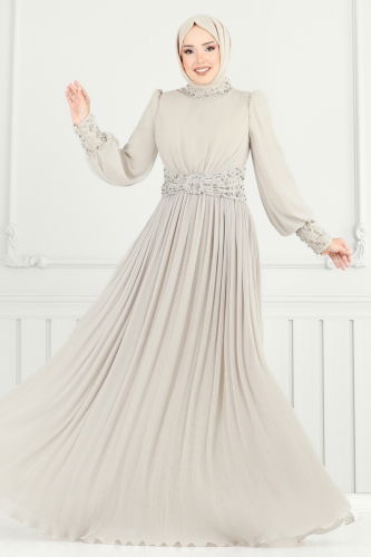 moda selvim SUAL Taş Detaylı Piliseli Abiye 4924SRH861 Taş - Thumbnail