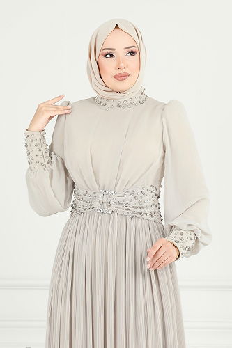 moda selvim SUAL Taş Detaylı Piliseli Abiye 4924SRH861 Taş - Thumbnail