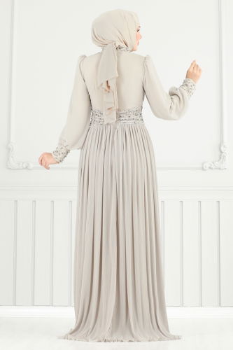 moda selvim SUAL Taş Detaylı Piliseli Abiye 4924SRH861 Taş - Thumbnail