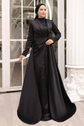 moda selvim SUAL Taş Detaylı Saten Abiye 4487D170 Siyah - Thumbnail