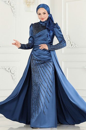 moda selvim SUAL Taş Detaylı Saten Abiye 801AZ865 İndigo - Thumbnail