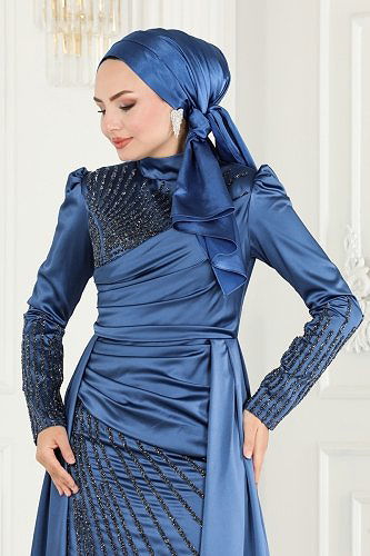 moda selvim SUAL Taş Detaylı Saten Abiye 801AZ865 İndigo - Thumbnail
