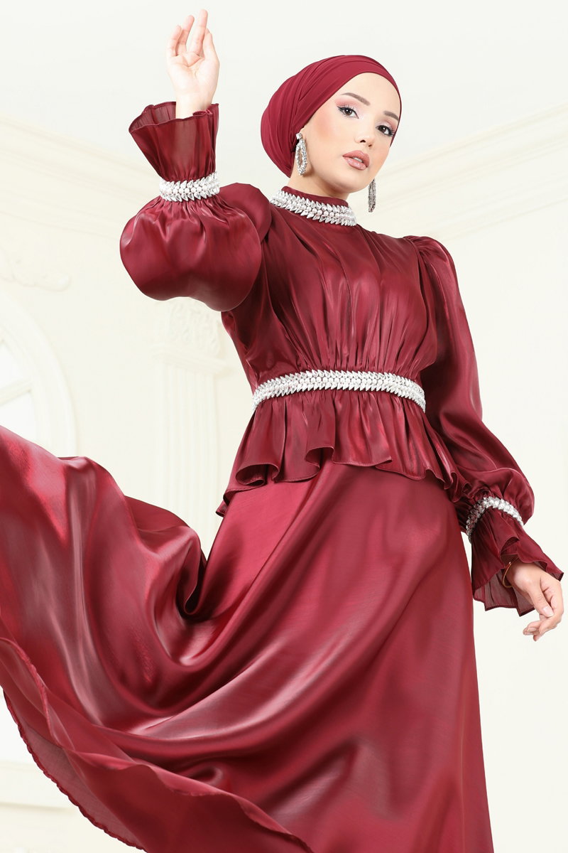 SUAL Taş İşlemeli Organze Abiye 6324LPN858 Bordo