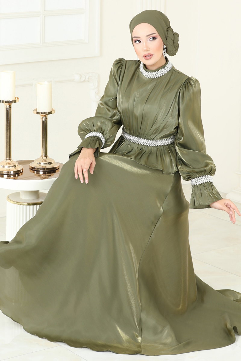 SUAL Taş İşlemeli Organze Abiye 6324LPN858 Haki