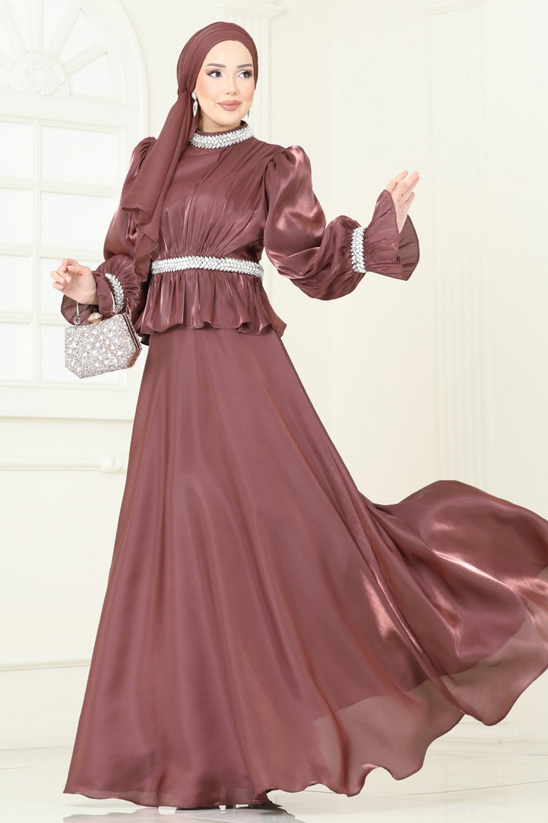 SUAL Taş İşlemeli Organze Abiye 6324LPN858 Koyu Gül Kurusu