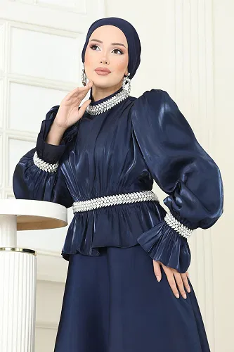 moda selvim SUAL Taş İşlemeli Organze Abiye 6324LPN858 Laci - Thumbnail