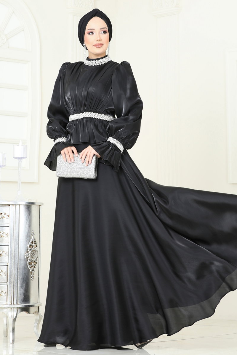 SUAL Taş İşlemeli Organze Abiye 6324LPN858 Siyah