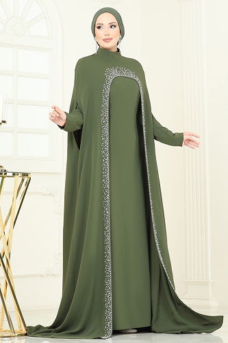 moda selvim SUAL Taşlı Abaya Abiye Takım 5359DMNK1166 Haki - Thumbnail