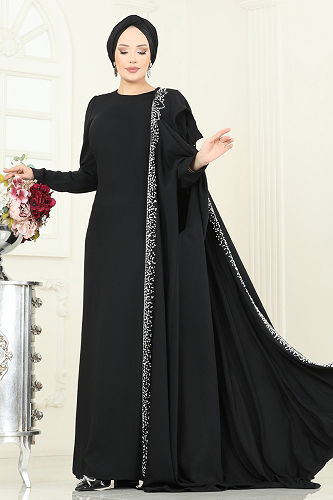 moda selvim SUAL Taşlı Abaya Abiye Takım 5359DMNK1166 Siyah - Thumbnail