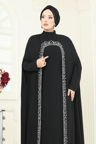 moda selvim SUAL Taşlı Abaya Abiye Takım 5359DMNK1166 Siyah - Thumbnail