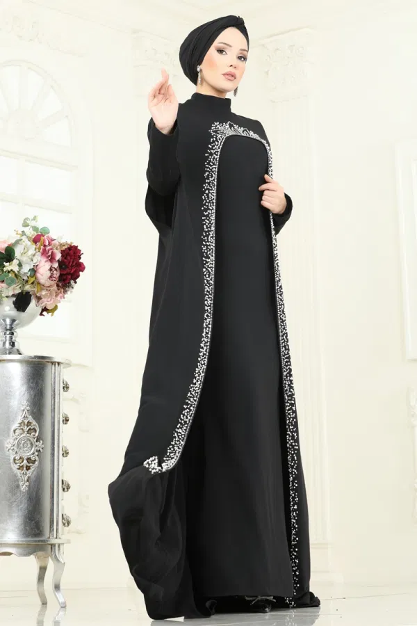 Modaselvim SUAL SUAL Taşlı Abaya Abiye Takım 5359DMNK1166 Siyah