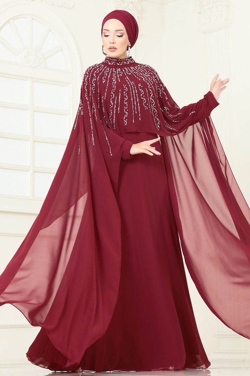 SUAL Taşlı Pelerin Detaylı Abiye 6295LPN858 Bordo