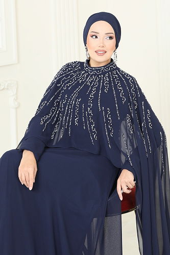 moda selvim SUAL Taşlı Pelerin Detaylı Abiye 6295LPN858 Laci - Thumbnail