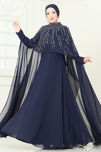 moda selvim SUAL Taşlı Pelerin Detaylı Abiye 6295LPN858 Laci - Thumbnail