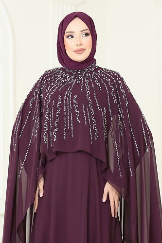 moda selvim SUAL Taşlı Pelerin Detaylı Abiye 6295LPN858 Mürdüm - Thumbnail