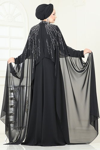 moda selvim SUAL Taşlı Pelerin Detaylı Abiye 6295LPN858 Siyah - Thumbnail