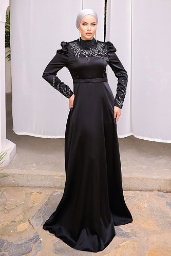 moda selvim SUAL Yakası Taş Detaylı Saten Abiye 5185PCT864 Siyah - Thumbnail