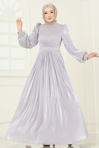 moda selvim SUAL Yakası Taşlı Şifon Abiye 5275D170 Gri - Thumbnail