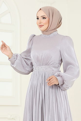 moda selvim SUAL Yakası Taşlı Şifon Abiye 5275D170 Gri - Thumbnail