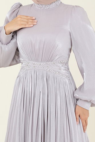 moda selvim SUAL Yakası Taşlı Şifon Abiye 5275D170 Gri - Thumbnail