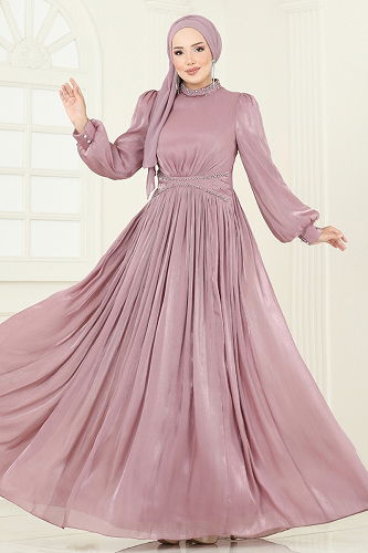 moda selvim SUAL Yakası Taşlı Şifon Abiye 5275D170 Pudra - Thumbnail