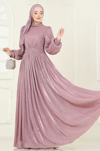 moda selvim SUAL Yakası Taşlı Şifon Abiye 5275D170 Pudra - Thumbnail