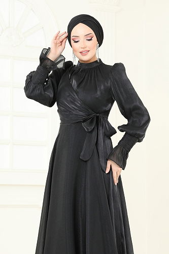 moda selvim SUAL Yandan Bağlamalı Abiye 4805D170 Siyah - Thumbnail