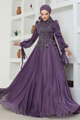 moda selvim SUAL Yoğun Taş İşlemeli Abiye 4688SRH861 Lila - Thumbnail