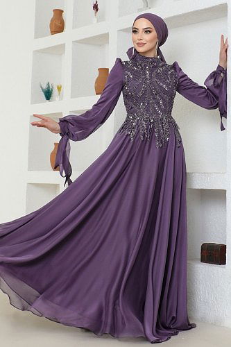 moda selvim SUAL Yoğun Taş İşlemeli Abiye 4688SRH861 Lila - Thumbnail