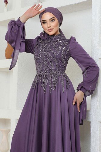 moda selvim SUAL Yoğun Taş İşlemeli Abiye 4688SRH861 Lila - Thumbnail