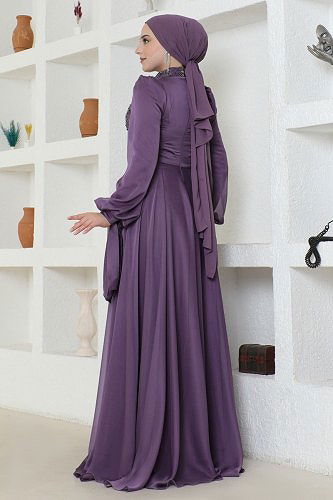 moda selvim SUAL Yoğun Taş İşlemeli Abiye 4688SRH861 Lila - Thumbnail