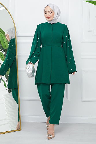 moda selvim Suit with Pearl Detailed Sleeves EFS242-M Emerald - Thumbnail