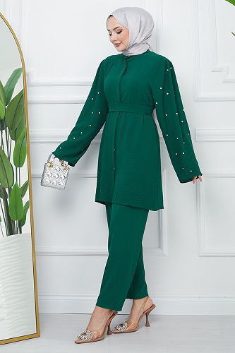 moda selvim Suit with Pearl Detailed Sleeves EFS242-M Emerald - Thumbnail