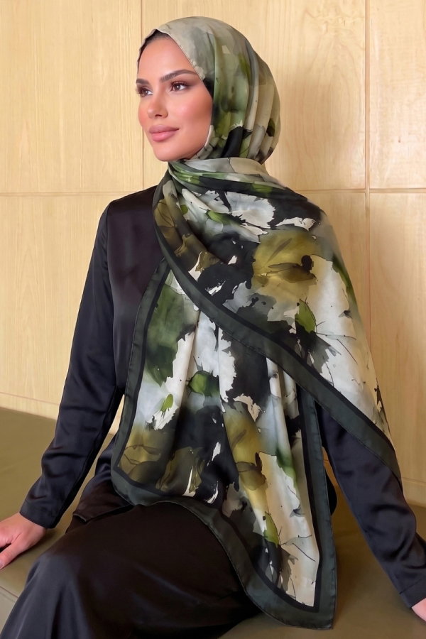 Modaselvim Şal Sulu Boya Desen Soft Şal 296AFV475 Haki