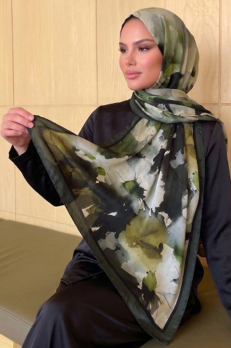 moda selvim Sulu Boya Desen Soft Şal 296AFV475 Haki - Thumbnail