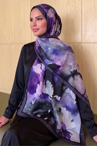 moda selvim Sulu Boya Desen Soft Şal 296AFV475 Mor - Thumbnail