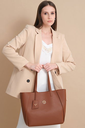 moda selvim Suni Deri Büyük Omuz Çantası 305GBK1140 Taba - Thumbnail