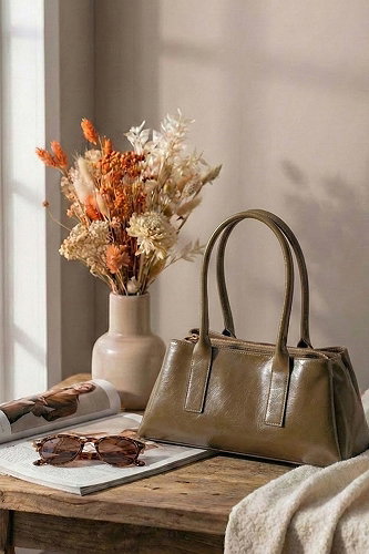 moda selvim Suni Deri Şık Kadın Çantası 102MERK1193 Yağ Yeşili - Thumbnail