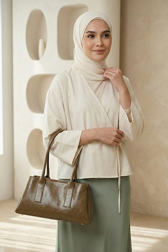 moda selvim Suni Deri Şık Kadın Çantası 102MERK1193 Yağ Yeşili - Thumbnail